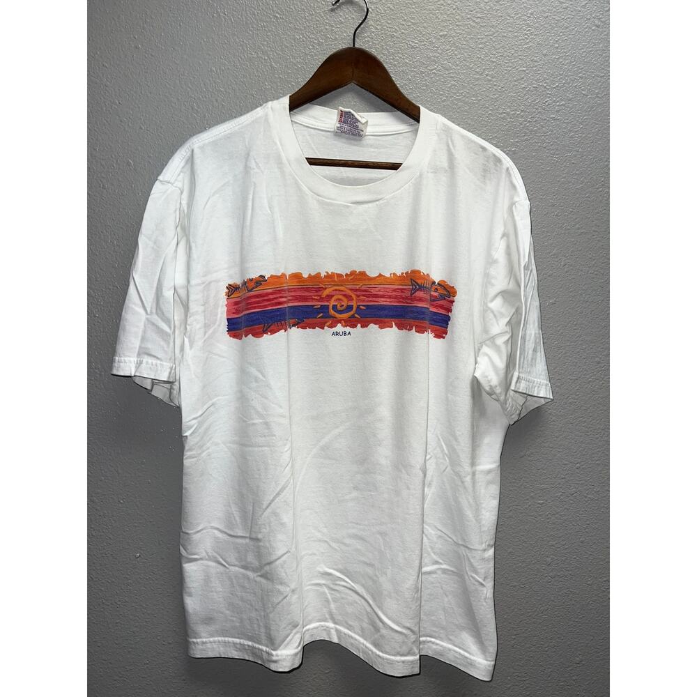 Vintage Aruba Shirt Fish Bones Sun Sunshine Miro Overseas White Tee 90s XL